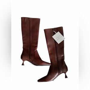 AlexMarie Brown Leather Knee High Boots 6M Pointed Toe Kitten Heel Croc Back NEW
